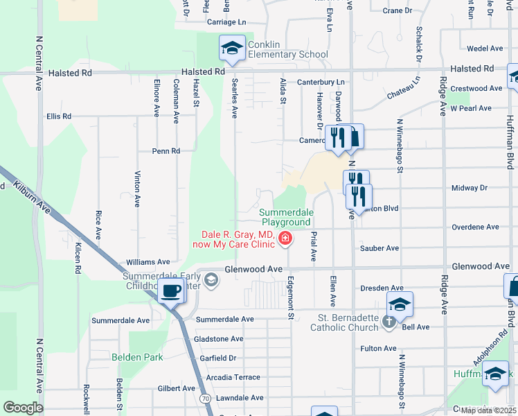 map of restaurants, bars, coffee shops, grocery stores, and more near 2919 Searles Avenue in Rockford
