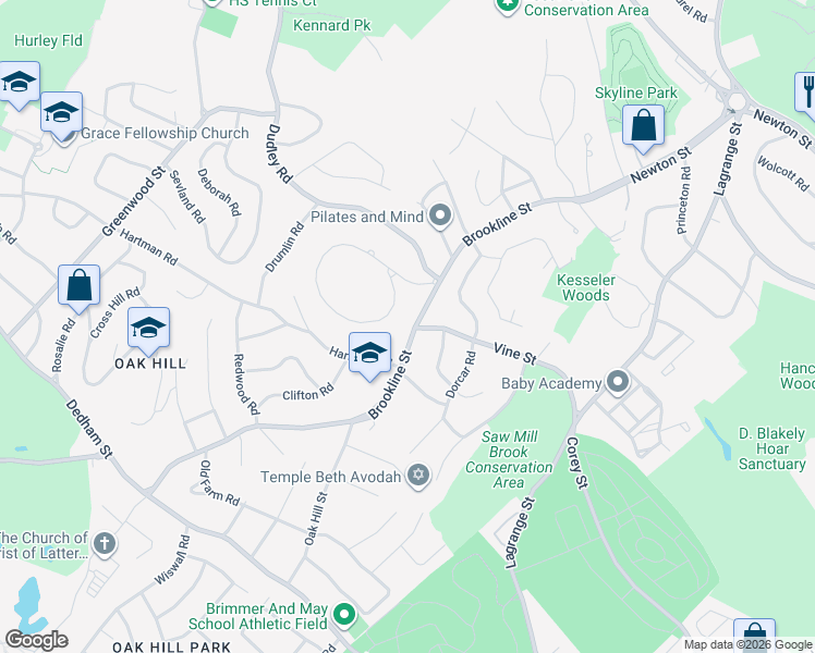 map of restaurants, bars, coffee shops, grocery stores, and more near 223 Baldpate Hill Road in Newton