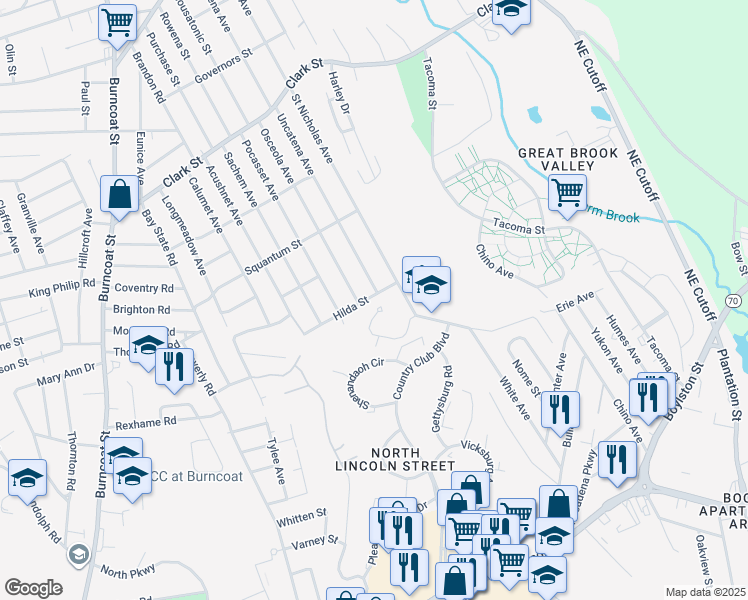 map of restaurants, bars, coffee shops, grocery stores, and more near 173 Uncatena Avenue in Worcester