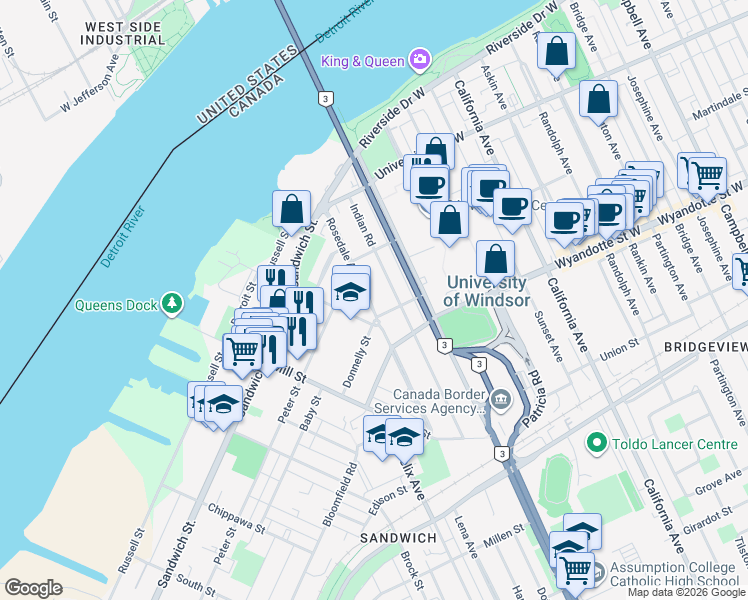 map of restaurants, bars, coffee shops, grocery stores, and more near 472 Rosedale Avenue in Windsor