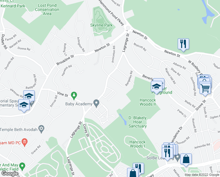 map of restaurants, bars, coffee shops, grocery stores, and more near 56 Broadlawn Park in CHESTNUT HILL