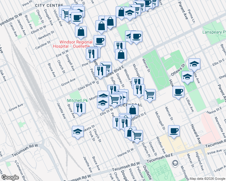 map of restaurants, bars, coffee shops, grocery stores, and more near 1285 Dufferin Place in Windsor