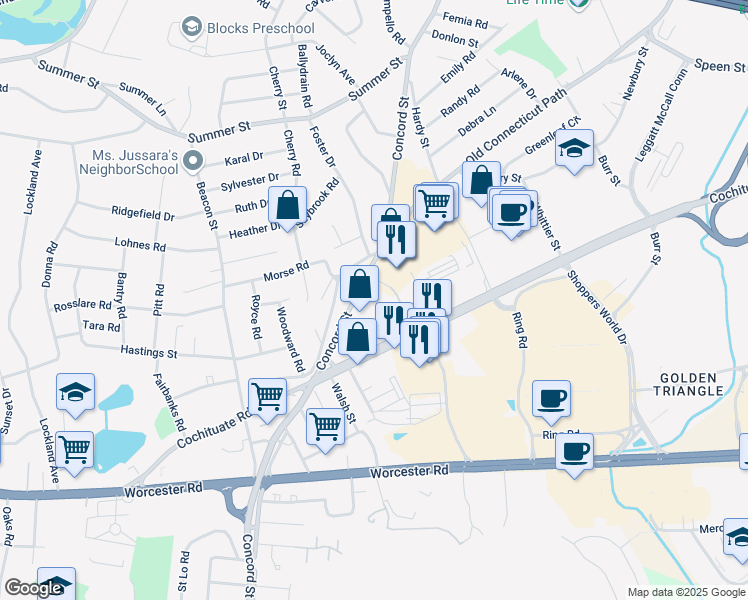 map of restaurants, bars, coffee shops, grocery stores, and more near 959 Concord Street in Framingham