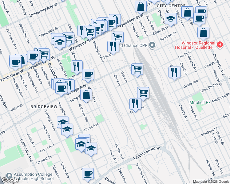 map of restaurants, bars, coffee shops, grocery stores, and more near in Windsor