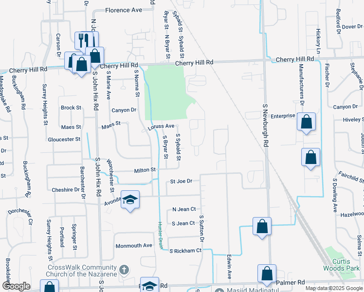 map of restaurants, bars, coffee shops, grocery stores, and more near 443 South Sybald Street in Westland