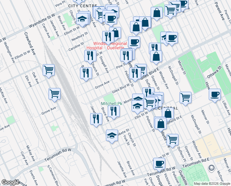 map of restaurants, bars, coffee shops, grocery stores, and more near 325 Giles Boulevard West in Windsor