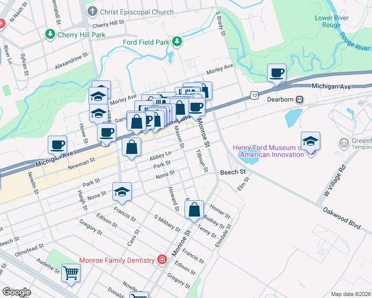 map of restaurants, bars, coffee shops, grocery stores, and more near 51 West Village Lane in Dearborn