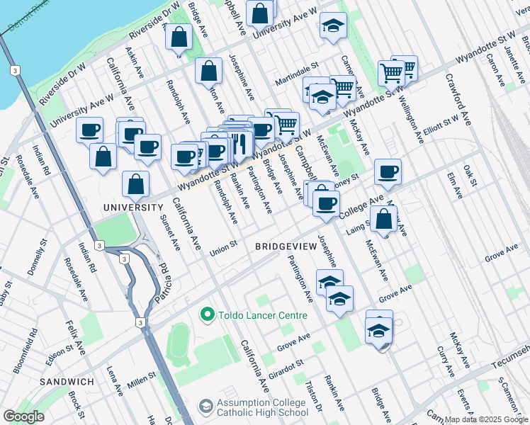 map of restaurants, bars, coffee shops, grocery stores, and more near 765 Partington Avenue in Windsor