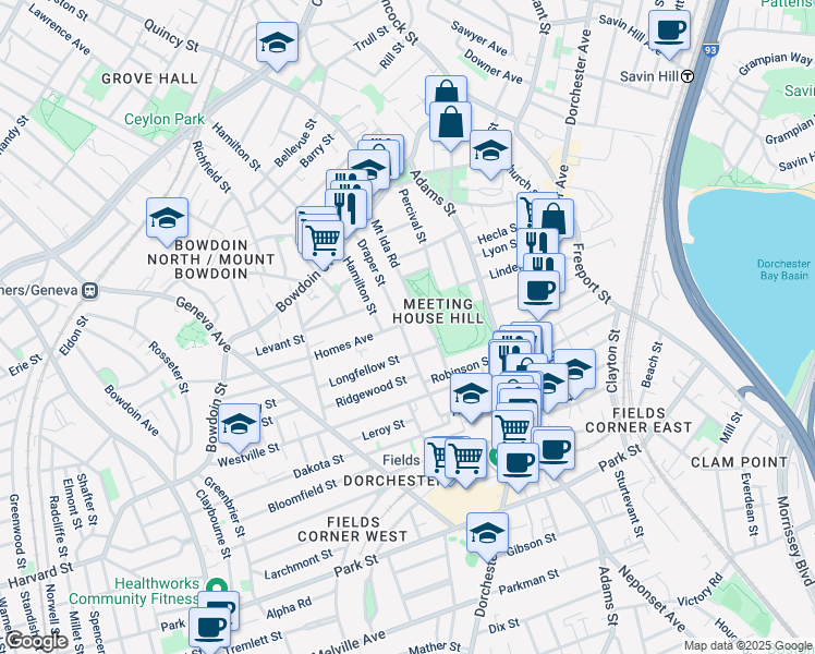 map of restaurants, bars, coffee shops, grocery stores, and more near 73 Draper Street in Boston