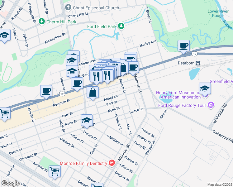 map of restaurants, bars, coffee shops, grocery stores, and more near 41 West Village Lane in Dearborn