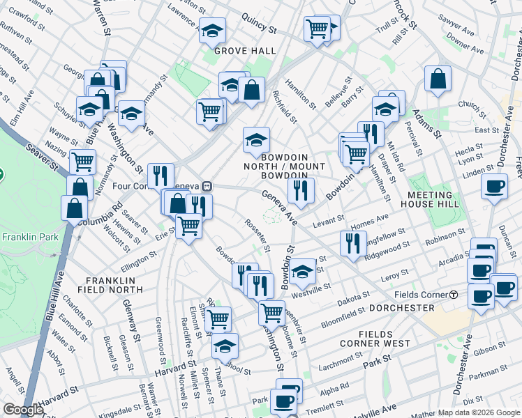 map of restaurants, bars, coffee shops, grocery stores, and more near 251 Geneva Avenue in Boston
