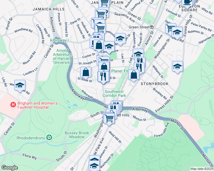 map of restaurants, bars, coffee shops, grocery stores, and more near 22 Rosemary Street in Boston