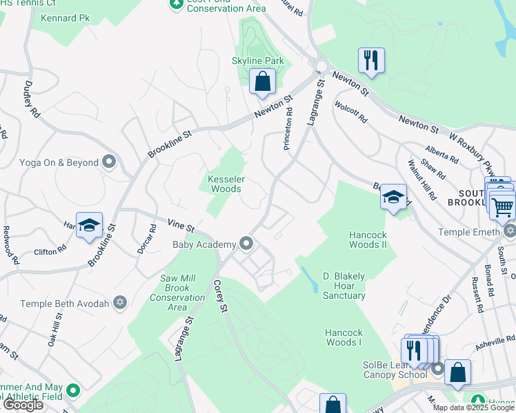 map of restaurants, bars, coffee shops, grocery stores, and more near 199 Lagrange Street in Newton