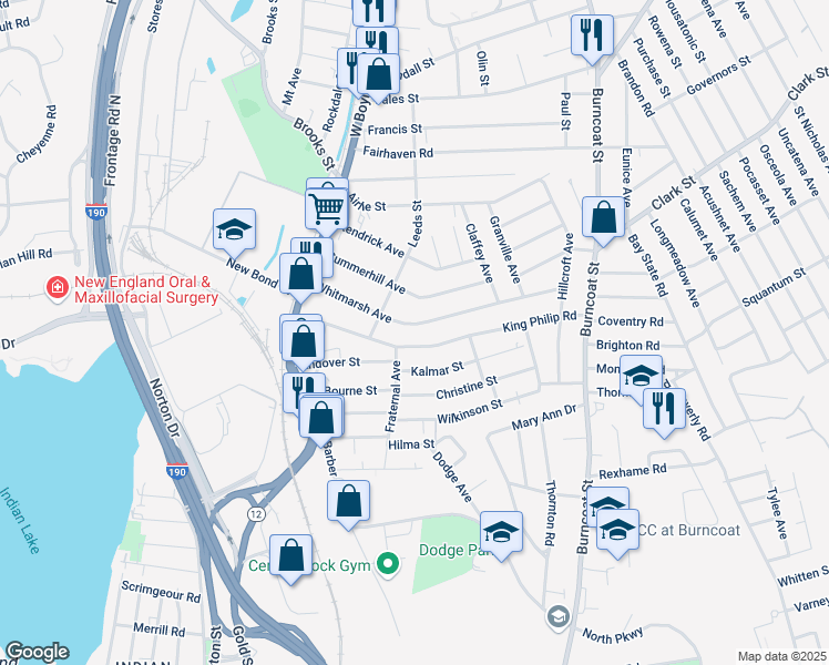 map of restaurants, bars, coffee shops, grocery stores, and more near 87 Whitmarsh Avenue in Worcester