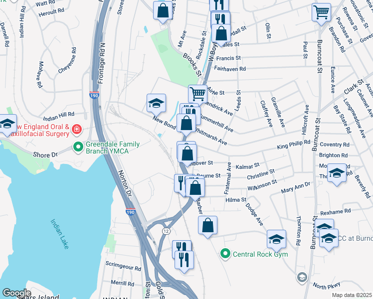 map of restaurants, bars, coffee shops, grocery stores, and more near 5 King Philip Road in Worcester