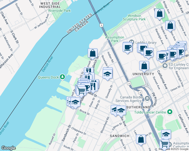 map of restaurants, bars, coffee shops, grocery stores, and more near in Windsor