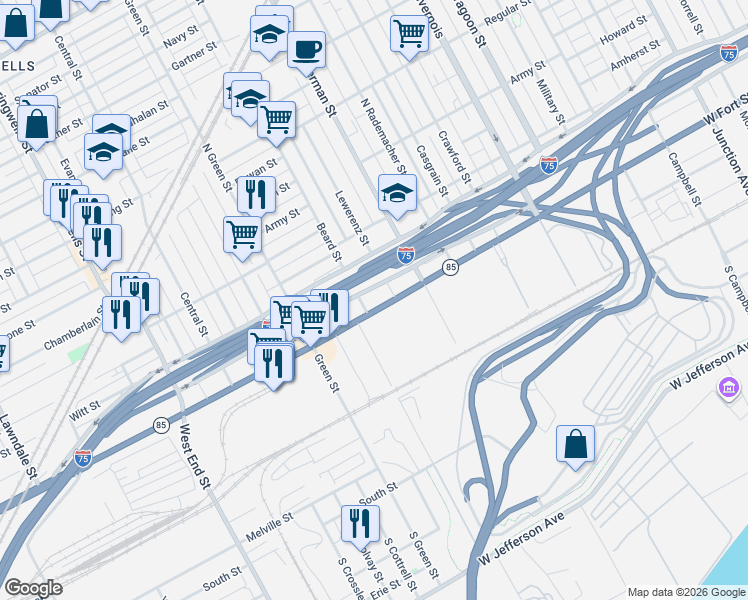 map of restaurants, bars, coffee shops, grocery stores, and more near 730 Beard Street in Detroit