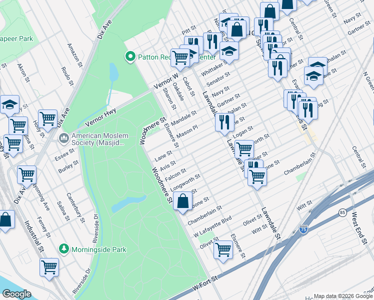 map of restaurants, bars, coffee shops, grocery stores, and more near 8874 Lane Street in Detroit