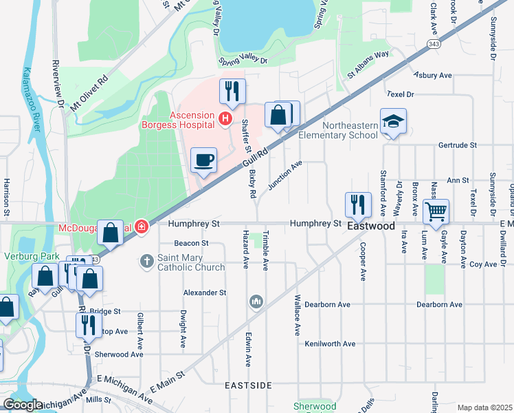 map of restaurants, bars, coffee shops, grocery stores, and more near 1310 Bixby Road in Kalamazoo