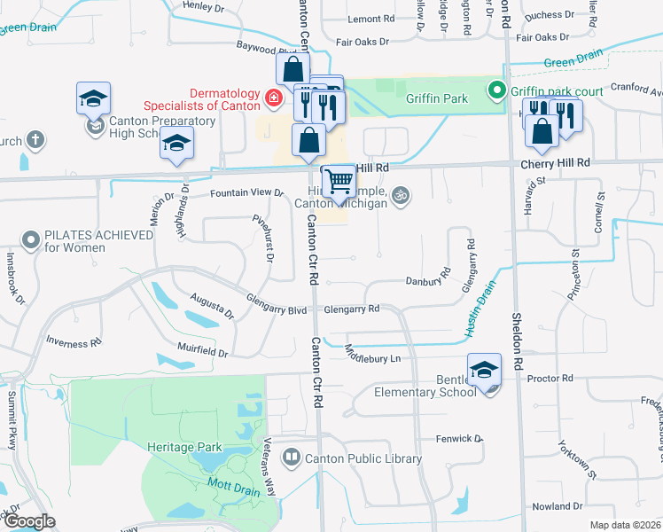 map of restaurants, bars, coffee shops, grocery stores, and more near 45246 Gerald Court in Canton