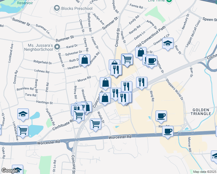 map of restaurants, bars, coffee shops, grocery stores, and more near 959 Concord Street in Framingham