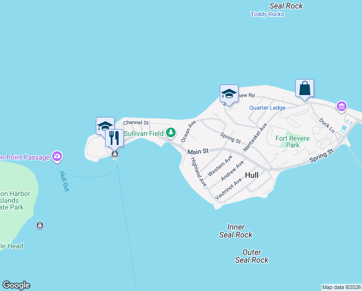 map of restaurants, bars, coffee shops, grocery stores, and more near 13 Ocean Avenue in Hull