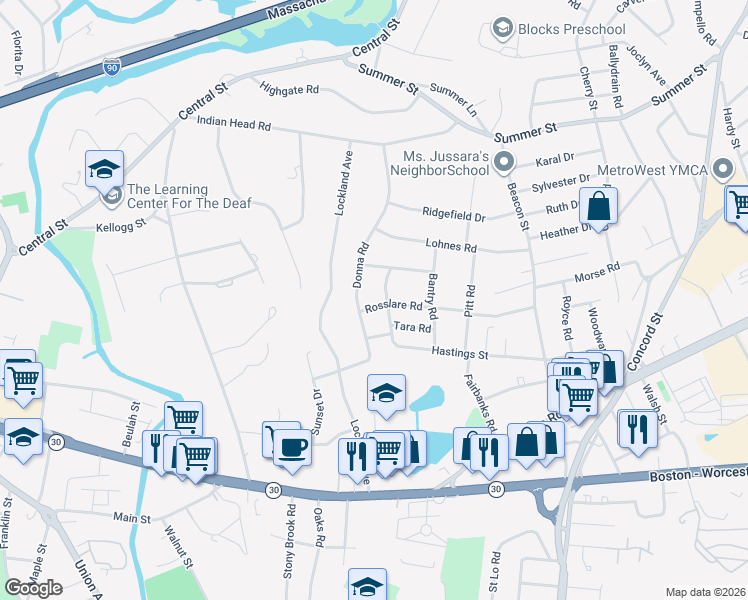 map of restaurants, bars, coffee shops, grocery stores, and more near 23 Rosslare Road in Framingham