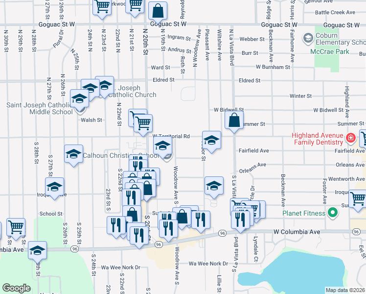 map of restaurants, bars, coffee shops, grocery stores, and more near 893 Woodrow Avenue South in Battle Creek