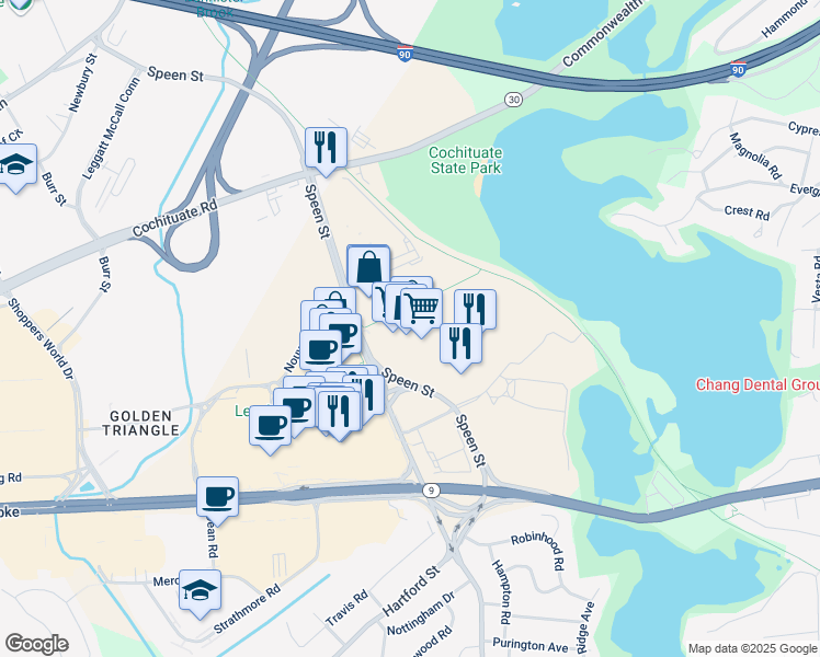 map of restaurants, bars, coffee shops, grocery stores, and more near 321 Speen Street in Natick