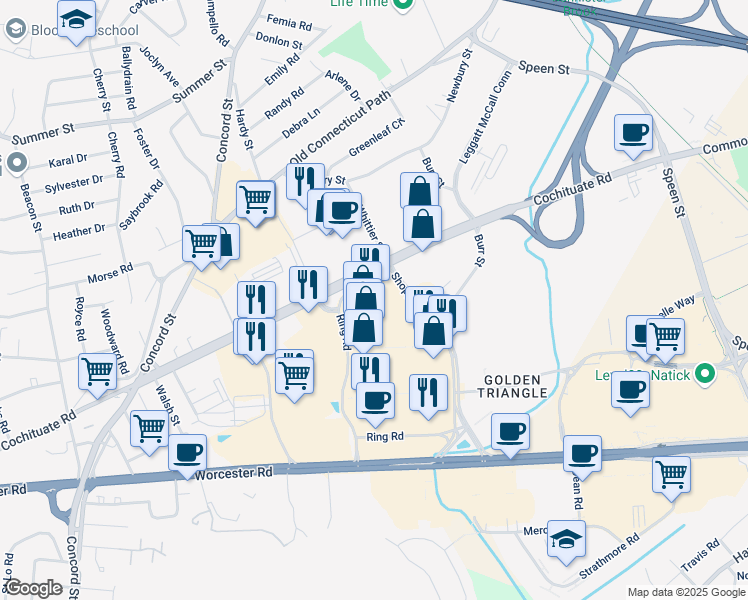 map of restaurants, bars, coffee shops, grocery stores, and more near 1 Worcester Road in Framingham