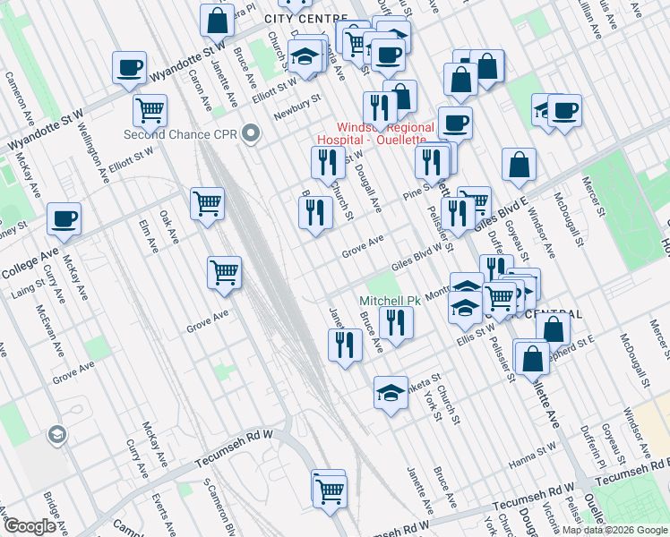 map of restaurants, bars, coffee shops, grocery stores, and more near in Windsor
