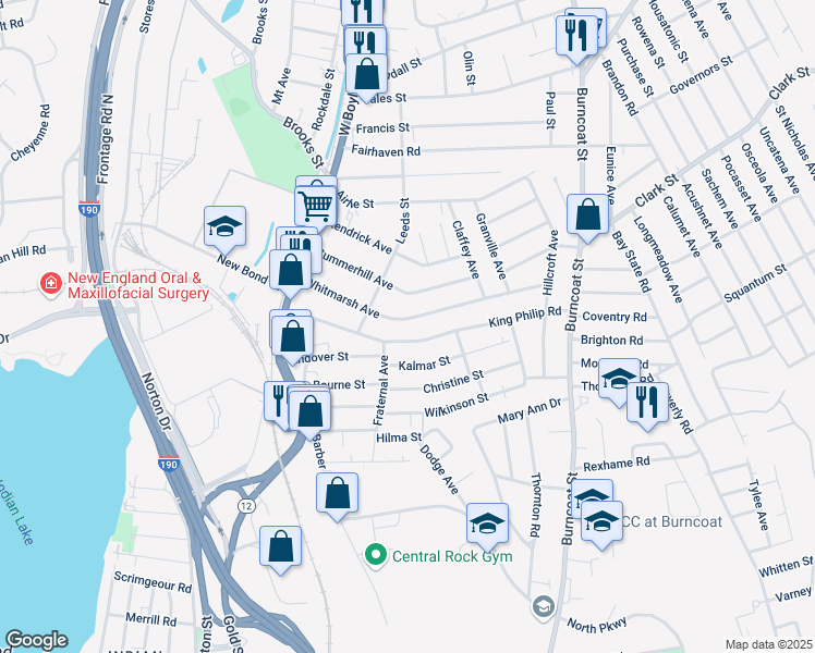 map of restaurants, bars, coffee shops, grocery stores, and more near 87 Whitmarsh Avenue in Worcester
