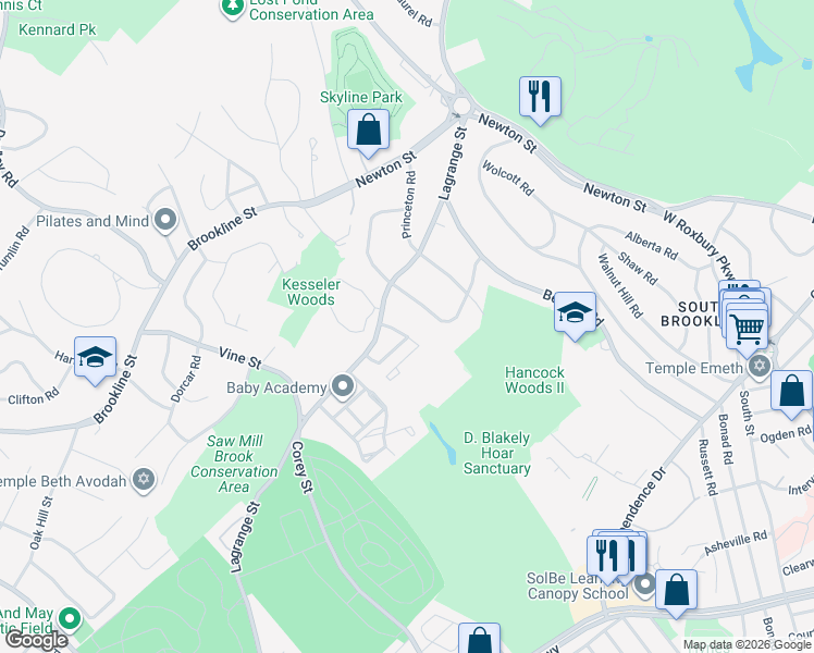 map of restaurants, bars, coffee shops, grocery stores, and more near 22 Broadlawn Park in Newton