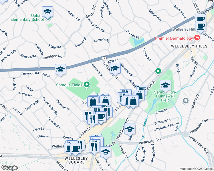 map of restaurants, bars, coffee shops, grocery stores, and more near 42 Calvin Road in Wellesley