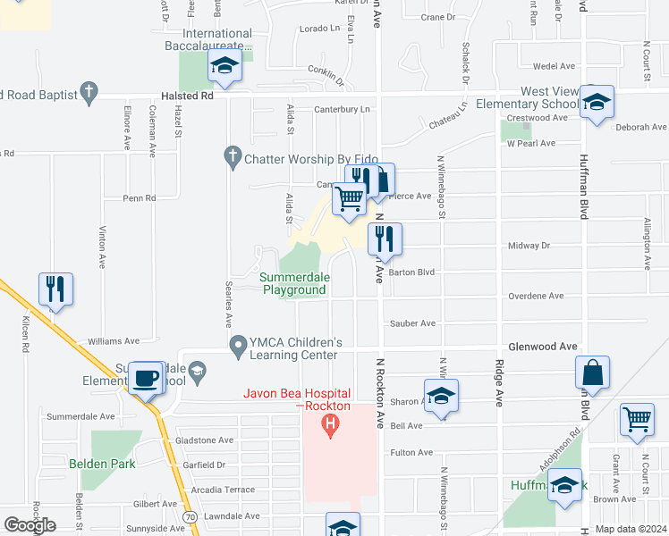map of restaurants, bars, coffee shops, grocery stores, and more near 3103 Prial Avenue in Rockford