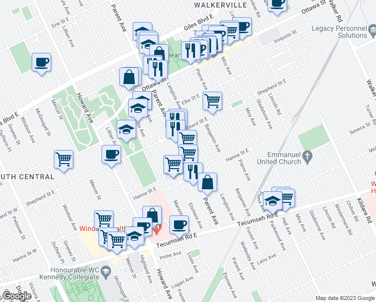 map of restaurants, bars, coffee shops, grocery stores, and more near 1546 Parent Avenue in Windsor