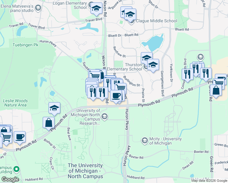 map of restaurants, bars, coffee shops, grocery stores, and more near 2753 Plymouth Road in Ann Arbor