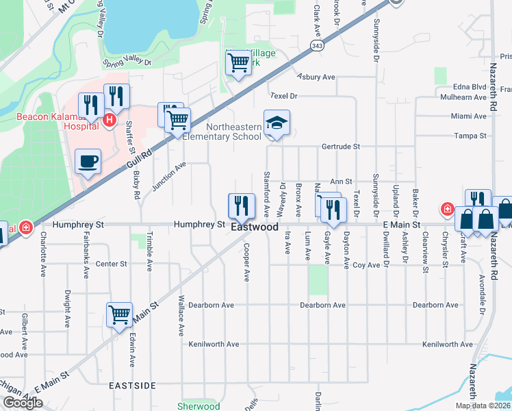 map of restaurants, bars, coffee shops, grocery stores, and more near 1302 Wayside Road in Kalamazoo