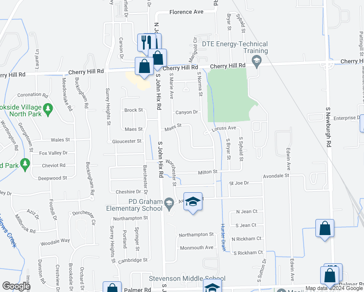 map of restaurants, bars, coffee shops, grocery stores, and more near 467 South Marie Street in Westland