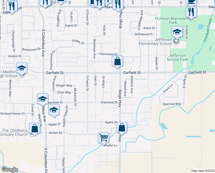 map of restaurants, bars, coffee shops, grocery stores, and more near 1741 Lillian Street in Medford