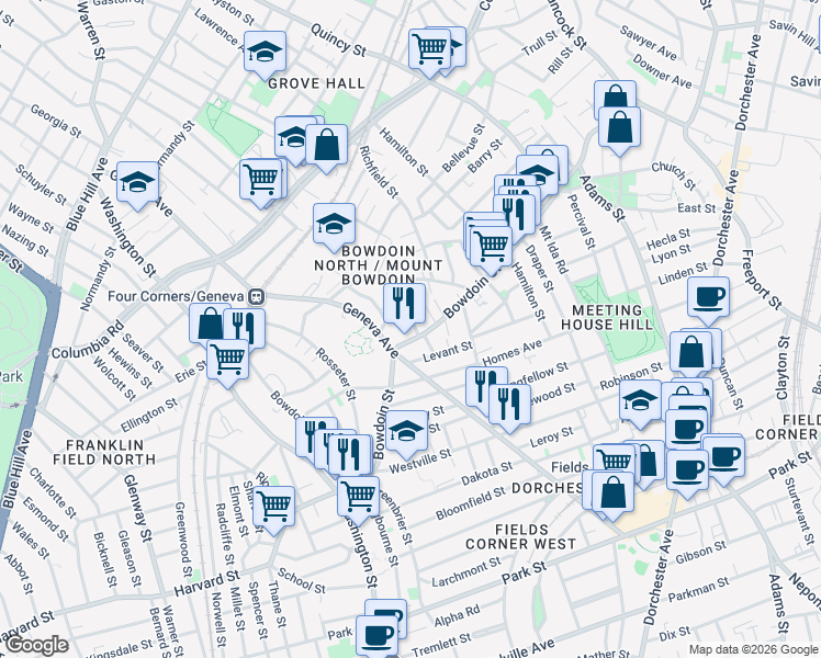 map of restaurants, bars, coffee shops, grocery stores, and more near 42 Everton Street in Boston