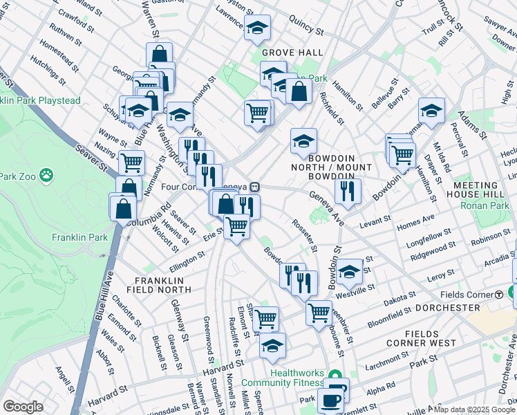 map of restaurants, bars, coffee shops, grocery stores, and more near 24 Rosseter Street in Boston