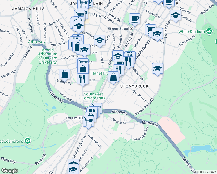 map of restaurants, bars, coffee shops, grocery stores, and more near 44 Burnett Street in Boston