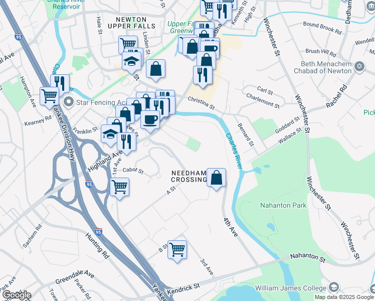 map of restaurants, bars, coffee shops, grocery stores, and more near 59 Highland Terrace in Needham