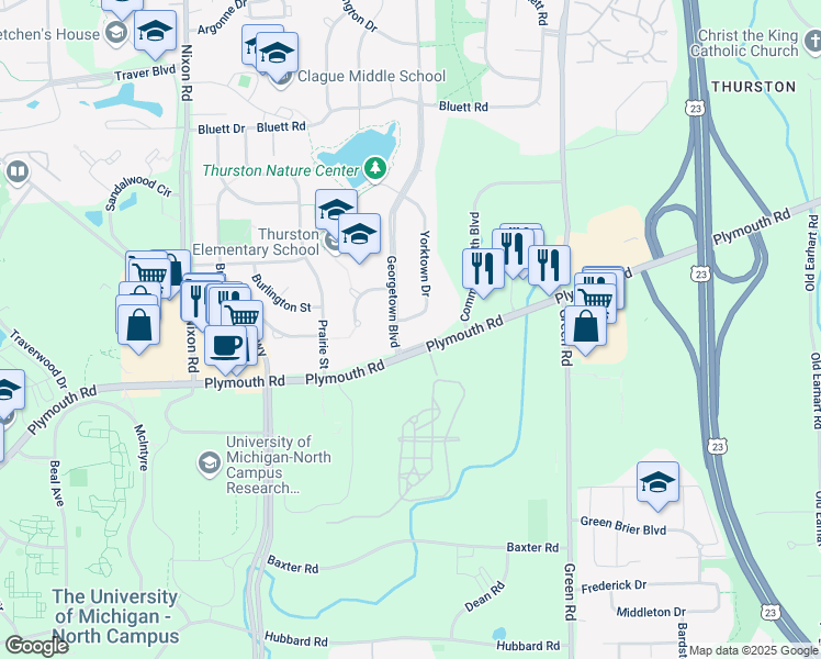 map of restaurants, bars, coffee shops, grocery stores, and more near 2065 Yorktown Drive in Ann Arbor
