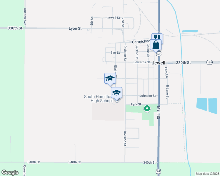 map of restaurants, bars, coffee shops, grocery stores, and more near 401-499 Blaine St in Jewell