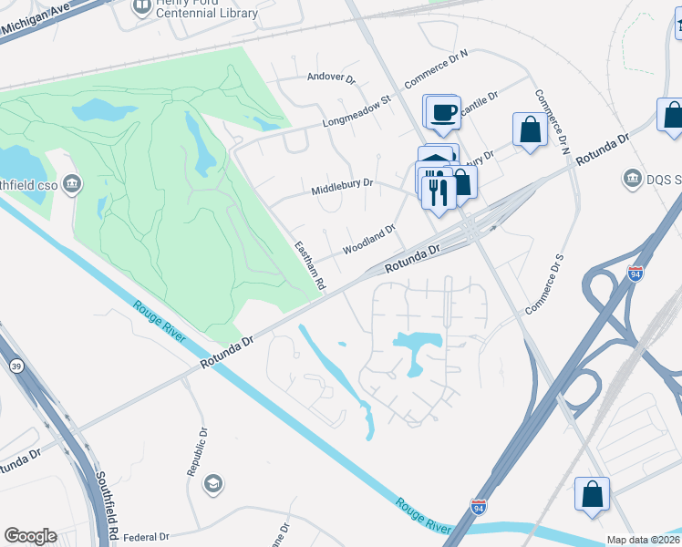 map of restaurants, bars, coffee shops, grocery stores, and more near 5 Berwick Lane in Dearborn