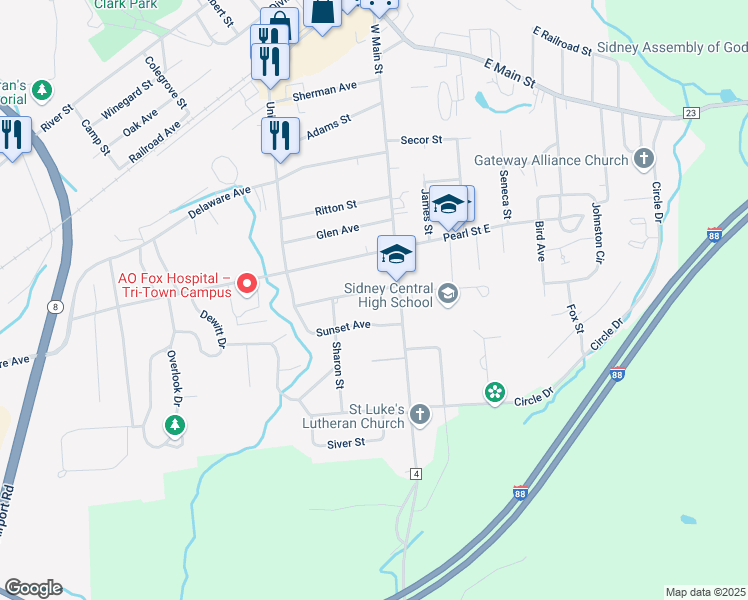 map of restaurants, bars, coffee shops, grocery stores, and more near 6 Concord Street in Sidney