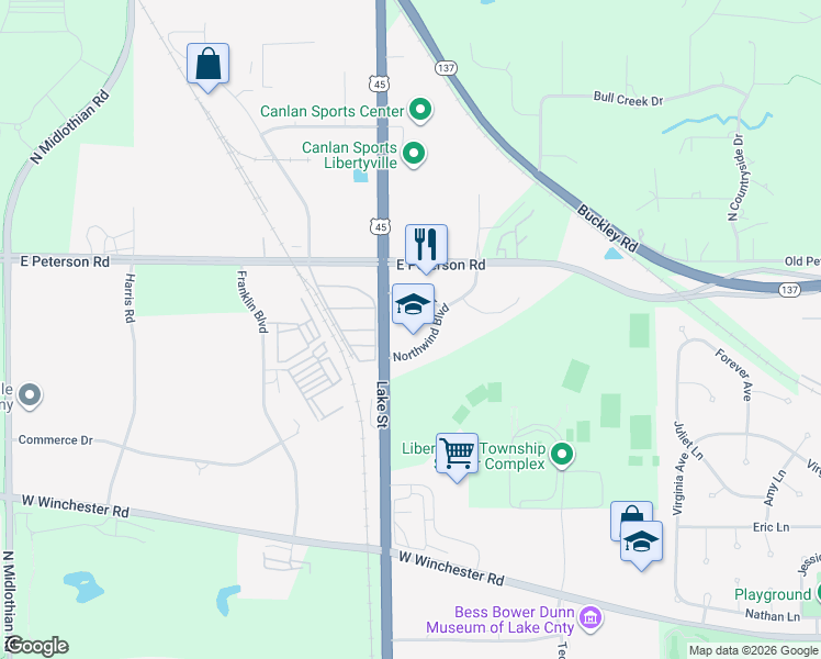 map of restaurants, bars, coffee shops, grocery stores, and more near 2061 Shell Drive in Libertyville