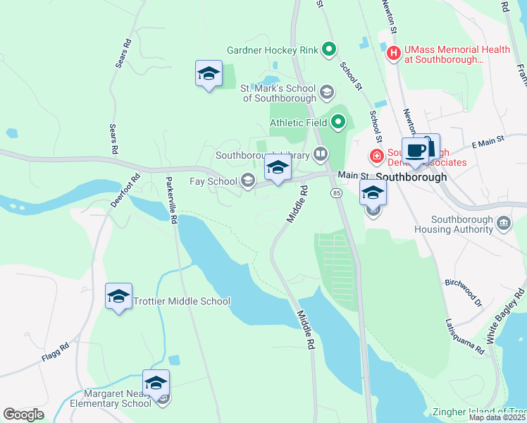 map of restaurants, bars, coffee shops, grocery stores, and more near 48 Main Street in Southborough